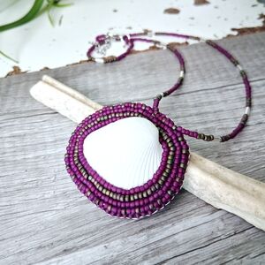 Purple Beaded Shell Pendant Necklace